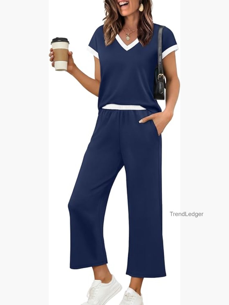 Two Piece Lounge Set Matching Outfit With Wide Leg Pants
